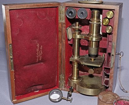 null Brass microscope with two eyelets and three lenses. By Doctor Arthur Chevalier...