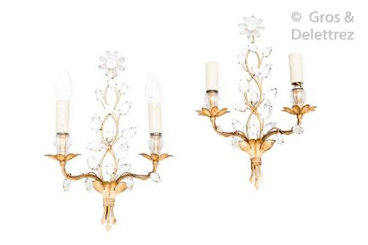 Maison BAGUÈS Pair of gilded sheet metal sconces with leaves and petals in moulded...