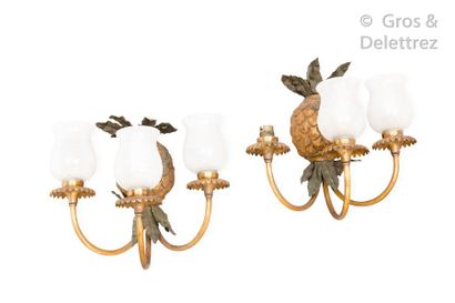 Attribué à MAISON CHARLES Pair of sconces with three arms of light in chiselled gilt...