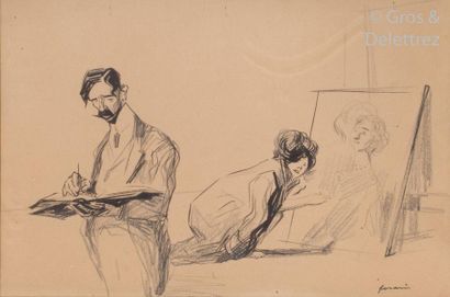 null Jean-Louis FORAIN (1852-1931) The painter and his model Crayon and Indian ink...