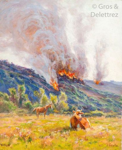 null WISLIN

Cows watching the fire

Oil on canvas

Signed at the bottom left and...