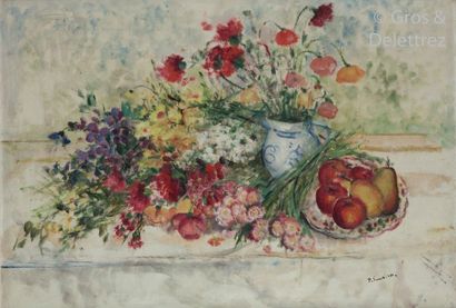 null José PALMERO (1898-?) Flower and fruit table Oil on canvas signed lower right....