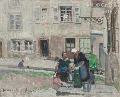 null Jules René HERVÉ (1887-1981) Family at the Fountain Oil on canvas signed lower...
