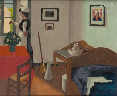 null Marius BORGEAUD (1861-1924) Woman with a broom in an interior Oil on canvas...