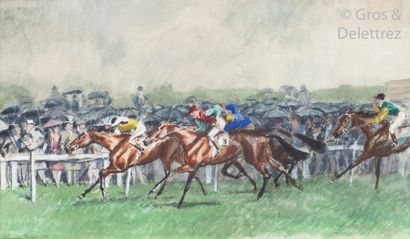 null Maurice TAQUOY (1878-1952) 

Bad weather at Longchamp. 

Watercolor signed lower...