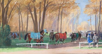 null Maurice TAQUOY (1878-1952) Horses in the Auteuil paddock Watercolour and gouache...