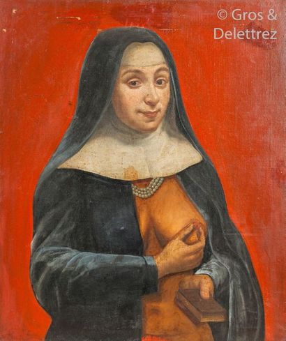 null School of the 20th century

The nun with naked breast, triple row and red background

Oil...