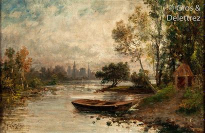 null Giuseppe CASTIGLIONE (1829-1908)

River landscape by boat

Oil on canvas, signed...