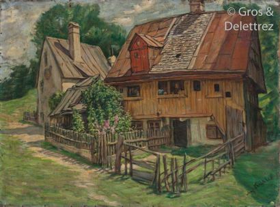 null KÜHLES (XIXe/XXth) Farmhouse in the Jura Oil on canvas signed lower right. 63...