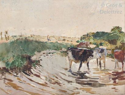 null René KUDER (1882-1962) 

Le troupeau à l’étang

Aquarelle signée en bas à gauche...