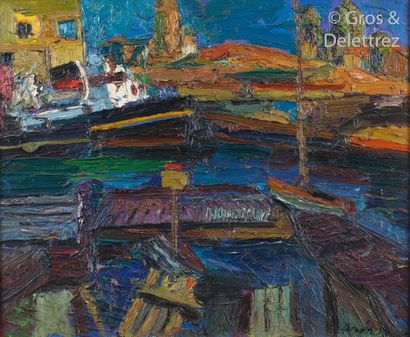 null Pierre AMBROGIANI (1907-1985) Port en Provence Huile sur toile Signée en bas...