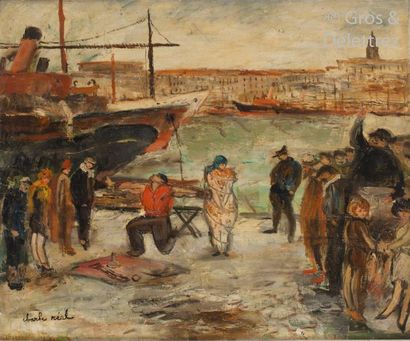 null Charles REAL (1898-1979) Saltimbanques sur le port de Marseille Huile sur toile...