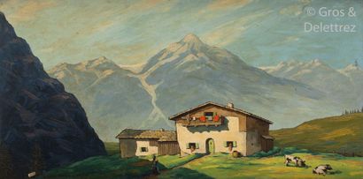 null André-Marie d'ARCY (XXth) Chalet and mountain pastures Oil on panel signed lower...