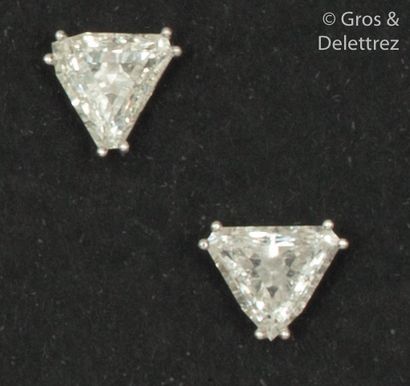 null Pair of white gold earrings, each adorned with a heptagon cut diamond close...