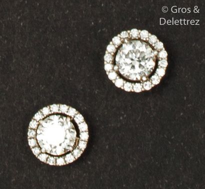 null Pair of white gold earrings, each adorned with a brilliant-cut diamond in a...