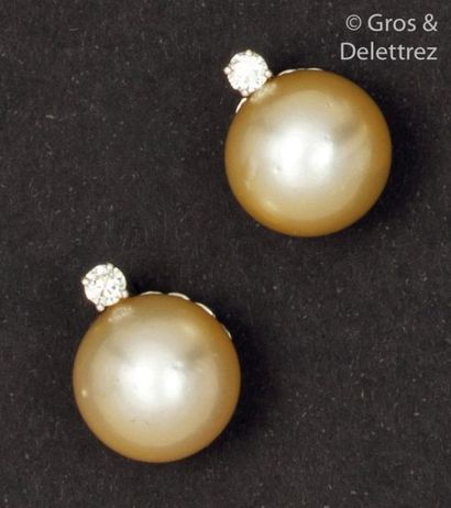 null Pair of white gold earrings, each decorated with a South Sea cultured pearl...