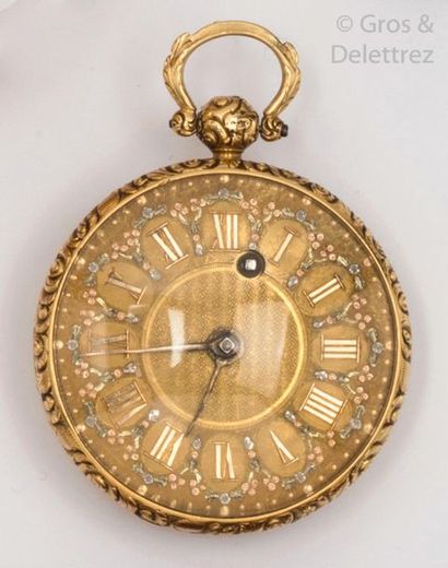 null Chiselled yellow gold cockerel watch, gold dial with Roman numerals and garland...