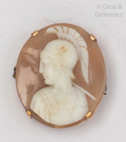 null 9K yellow gold brooch, decorated with a shell cameo representing a warrior in...