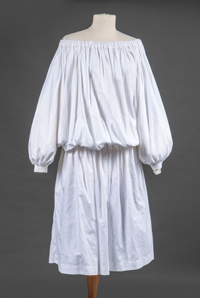 TARLAZZI Robe longue en coton blanc, encolure ronde stretch, manches longues ballon,...
