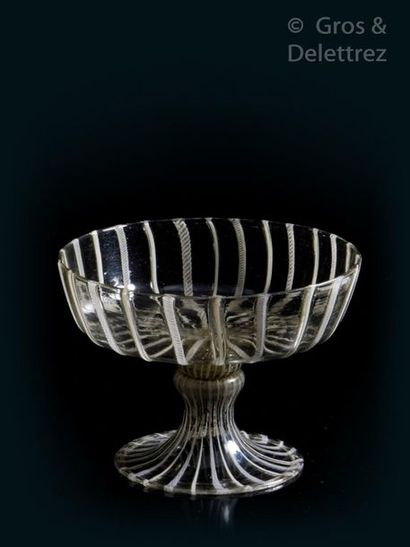 null Hemispherical-cut tazza on a pedestal with white thread decoration and retortolli;...