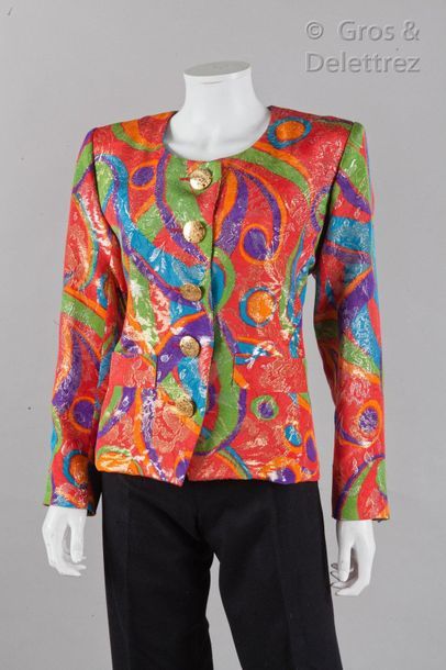 Yves SAINT LAURENT Rive Gauche Veste à motif abstrait multicolore, brochée par un...