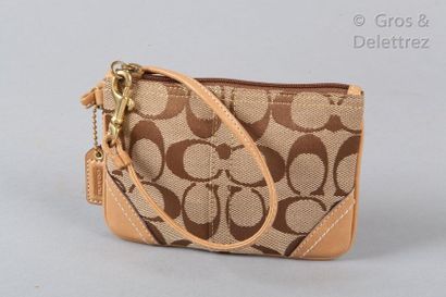 COACH Pochette accessoire 15cm en toile siglée beige et cuir naturel, fermeture éclair,...