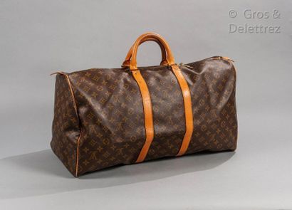 LOUIS VUITTON Keepall" bag 55cm in Monogram canvas and natural leather, double zipper,...