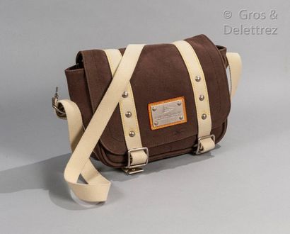 Louis VUITTON CUP Bag "Antigua" 30cm in two-tone cotton coffee, ecru with yellow...