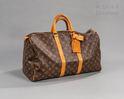 LOUIS VUITTON Keepall" bag 45cm in Monogram canvas and natural leather, double zipper,...