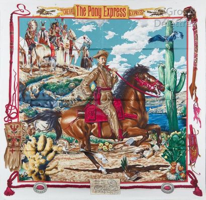 HERMÈS Paris made in France Silk square printed and titled "The Pony Express", signed...