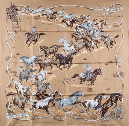 HERMÈS Paris made in France Silk square printed and titled "les Mustangs", signed...