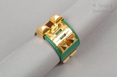 HERMÈS Paris made in France Cuff bracelet "Collier de Chien" in fir green Courchevel...