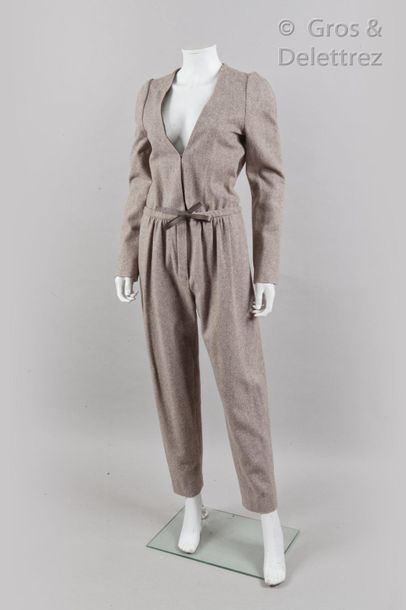 CHLOE Combinaison pantalon en lainage gris chiné beige, à motif de chevrons, col...