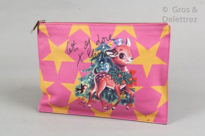 VIVIENNE WESTWOOD Pink grained calfskin clutch bag 33cm, printed with a deer motif...