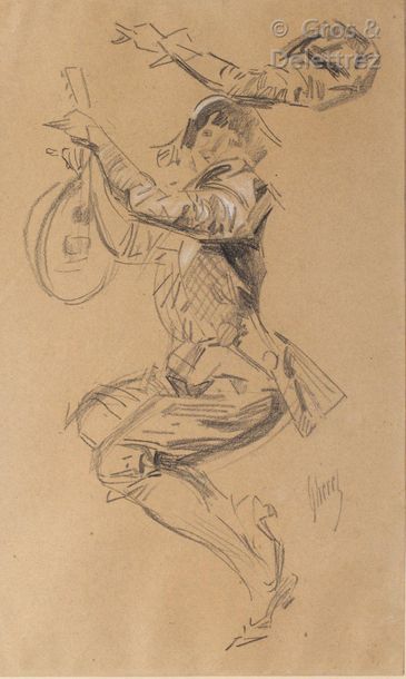 null Jules CHÉRET (1836-1932) 


Arlequin musicien


Crayon et gouache blanche


Signé...