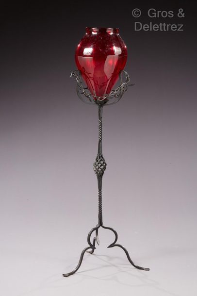 Carlo Rizzarda (1883-1931) Candle jar with a wrought iron base and a ruby glass vase.

Circa...