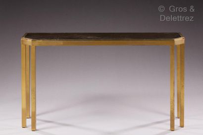 Travail des années 60 Console in gilded metal with six feet, smoked glass top.

H :...