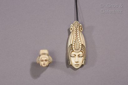 Yokohama O’KIN dite Eugénie Jubin (1880-1948) Chiseled and carved ivory ring studded...