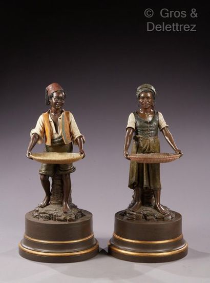 Bernard BLOCH (1836-1909) Pair of enamelled terracotta sculptures, painted wooden...