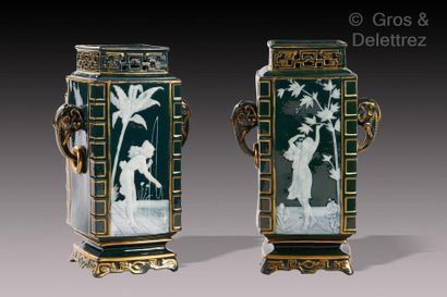MINTON Pair of Chinese green and white enamelled porcelain vases decorated with gilding...