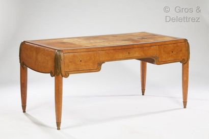 Jules LELEU (1883-1961) Flat burr walnut veneer desk with rectangular top covered...