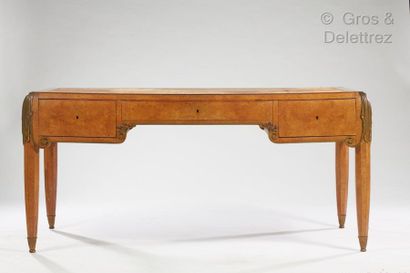 Jules LELEU (1883-1961) Flat burr walnut veneer desk with rectangular top covered...