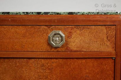 Jules LELEU (1883-1961) Beech, mahogany and burl veneer sideboard with marble top...