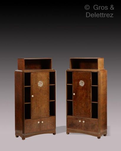 Jules LELEU (1883-1961) Pair of mahogany and burl veneer and rosewood molded cubic...