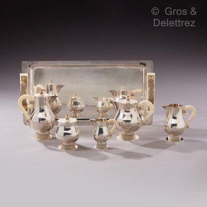 Jean DESPRES (1889-1980) Silver and ivory service including a tray, a teapot, a coffee...