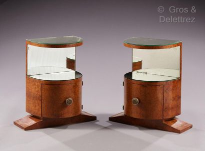 TRAVAIL 1930 Pair of bedside tables in burr veneer opening by a door in the front,...