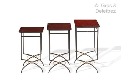 Jules LELEU (1883-1961) *Suite of three nesting tables in black lacquered metal and...
