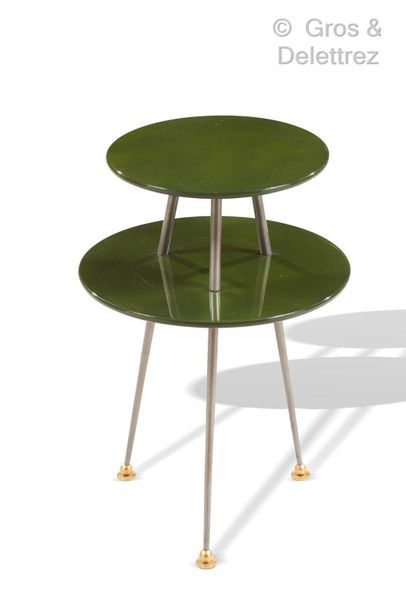 Jules LELEU (1883-1961) *Pedestal table with two superimposed circular green lacquered...