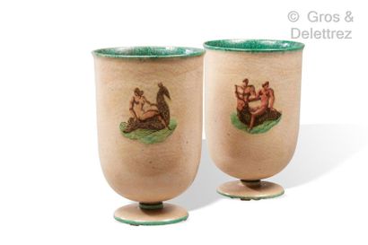 Jean MAYODON (1893-1967) *Pair of vases on enamelled earthenware pedestal with polychrome...