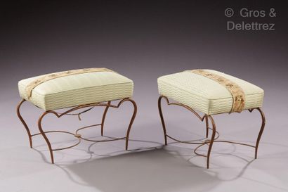 René DROUET (1899-1993) *Pair of metal stools with a golden patina with rectangular...